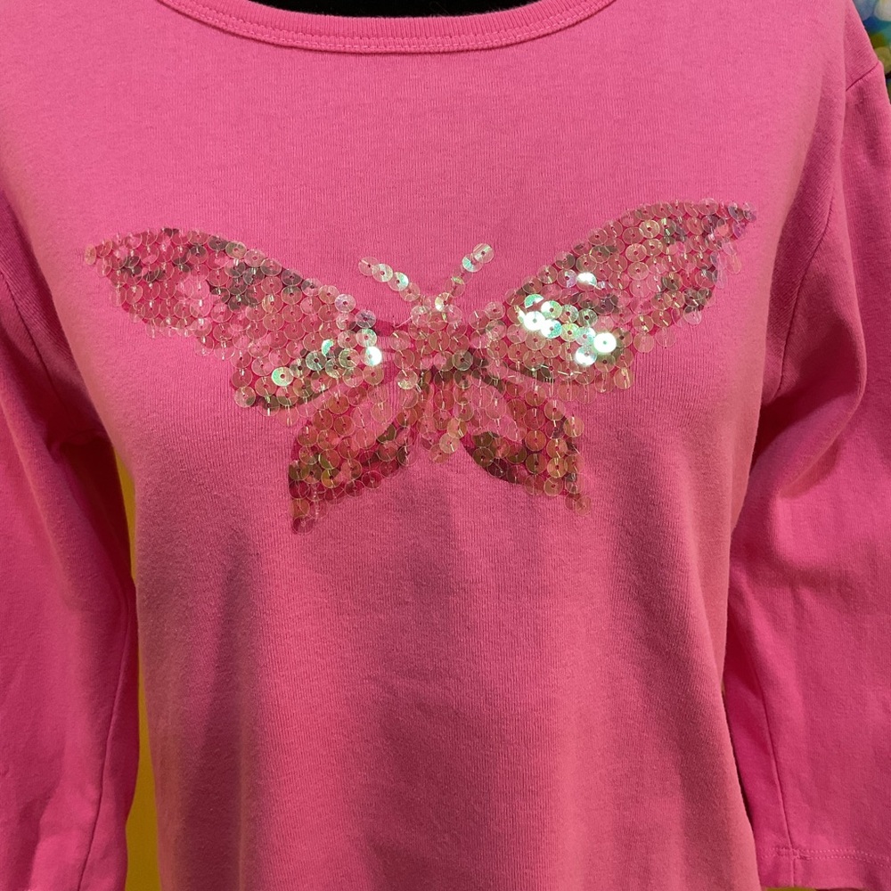 Pink Sequin Butterfly-Embellished 3/4-Sleeve Women's Top (See Measurements) - Picture 4 of 6